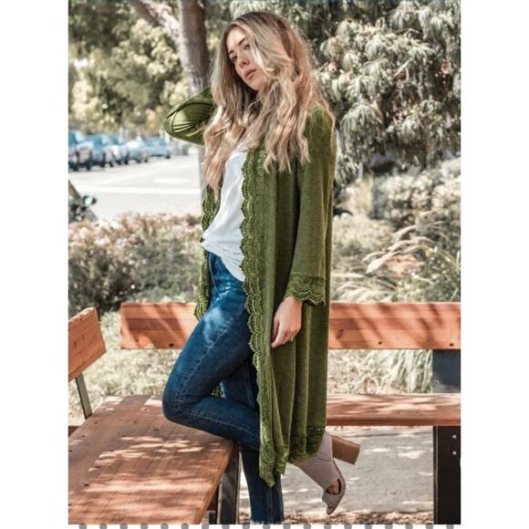 Tickled Teal Sweaters - Tickled Teal Lace Trim Cardigan